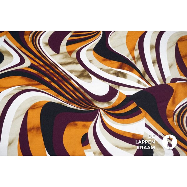 Viscose tricot stof met retro dessin oranje/paars