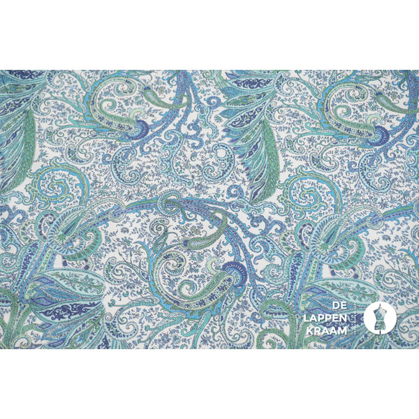 Stretchkatoen stof met groen/blauw paisley dessin