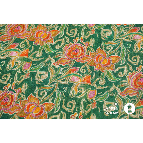Crepe stof groen met kleurrijke bloemen