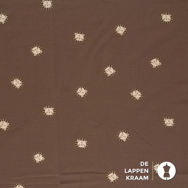 Tricot stof bruin met leeuwtjes