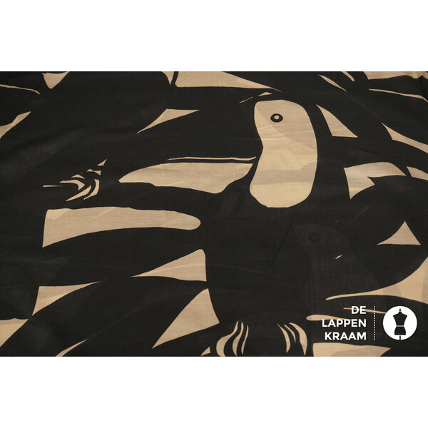 Katoenen voile zwart met abstracte toekan