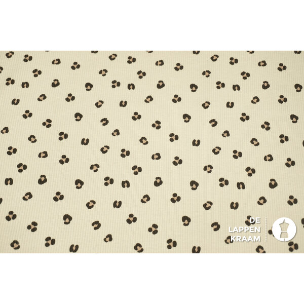 Ribtricot stof gebroken wit met panterprint