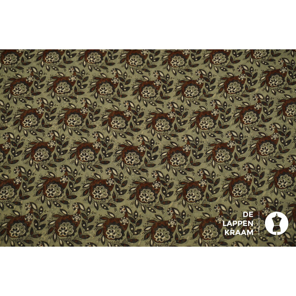 Chiffon stof taupe met bruine paisley