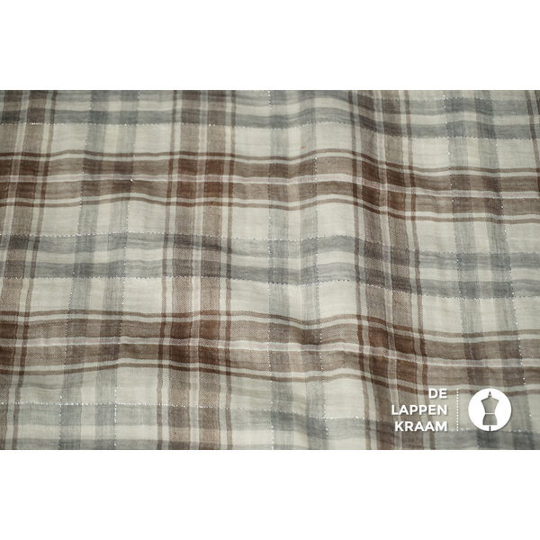 Coupon 18 Double gauze beige geruit met zilveren lurex 180 x 160cm