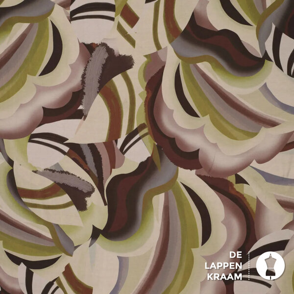 Viscosemix met abstract dessin in bruin- en groentinten