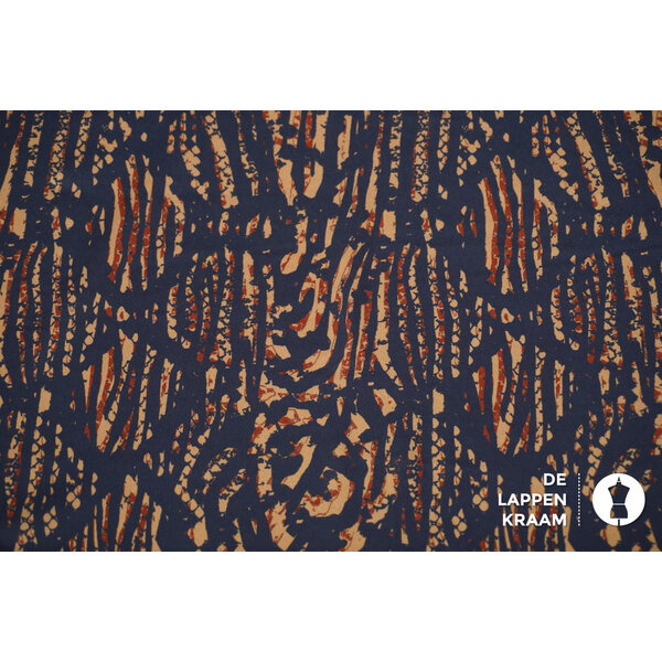 Polyester stretch stof donkerblauw en camel gestreept