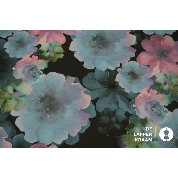 Polyester stretch zwart met aquarel bloemen