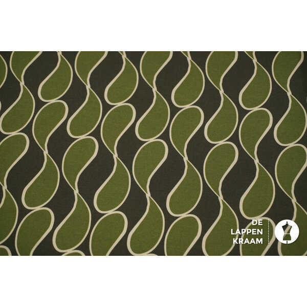 Terlenka stretch stof legergroen met groene druppels