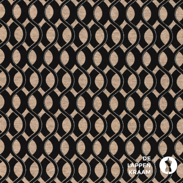 Punta stof beige met zwart/zilveren golfjes