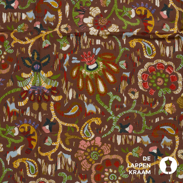 Viscose stof bruin met kleurrijke abstracte bloemen