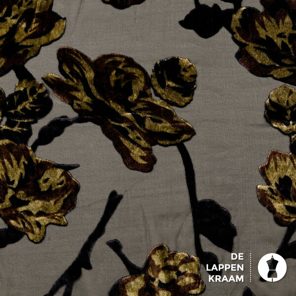 Velours burnout mesh stof bloemen olijfgroen