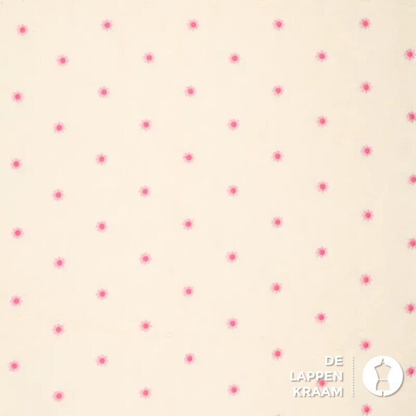 Teddy stof  in ecru met roze geborduurde bloemetjes
