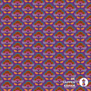  Popeline met retro bloemetjes print in paars