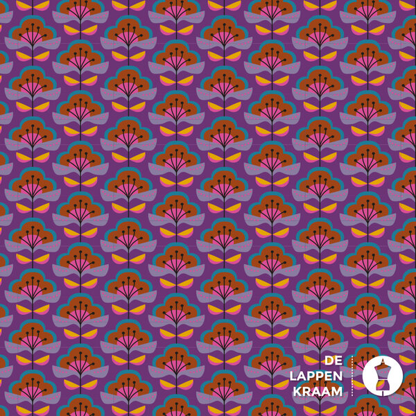 Popeline met retro bloemetjes print in paars