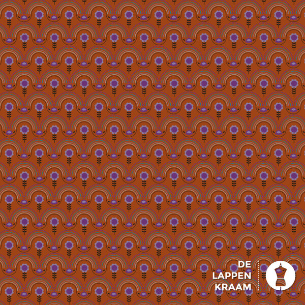 Popeline met retro bloemetjes print oranje