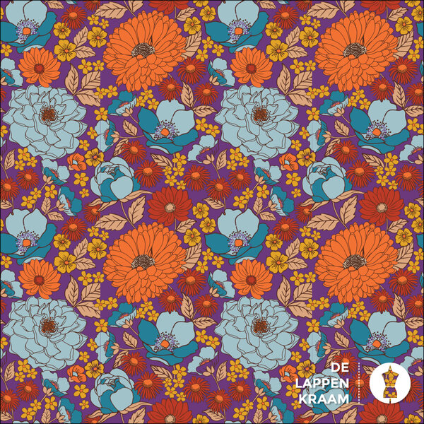 Popeline stof met  bloemetjes print oranje
