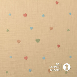  Mousseline Stof Beige met Geborduurde Hartjes
