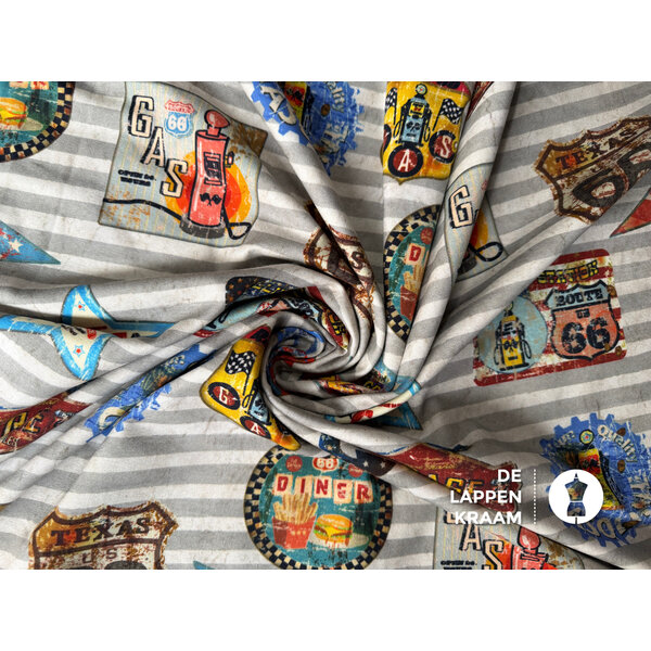 Tricot Grijs Gestreept met Amarikaanse Printjes