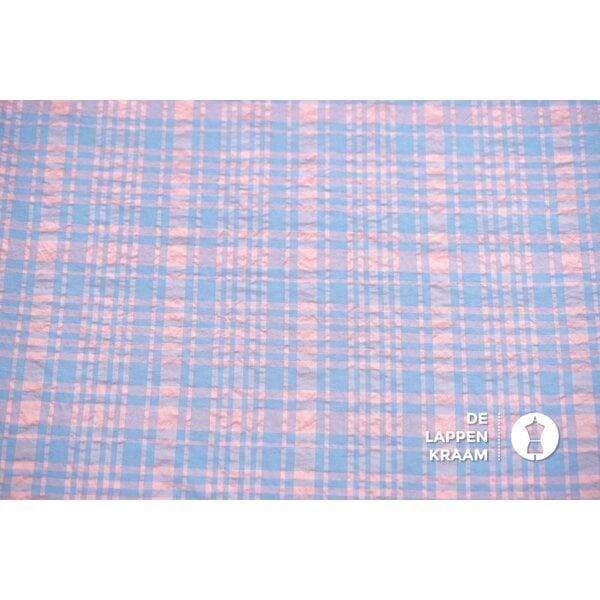 Seersucker Stof Roze met Blauw Geruit