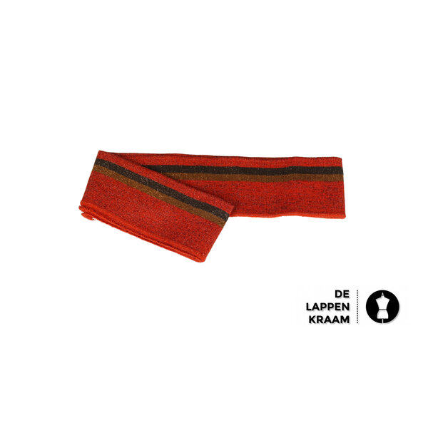 Fijn gebreid boord in lurex  rood met bruine en caramel streep