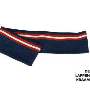  Fijn gebreid boord in lurex kobalt met witte en rode streep