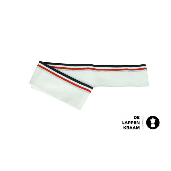 Fijn gebreid boord in wit met rood/wit/bl streep en zilveren lurex streep