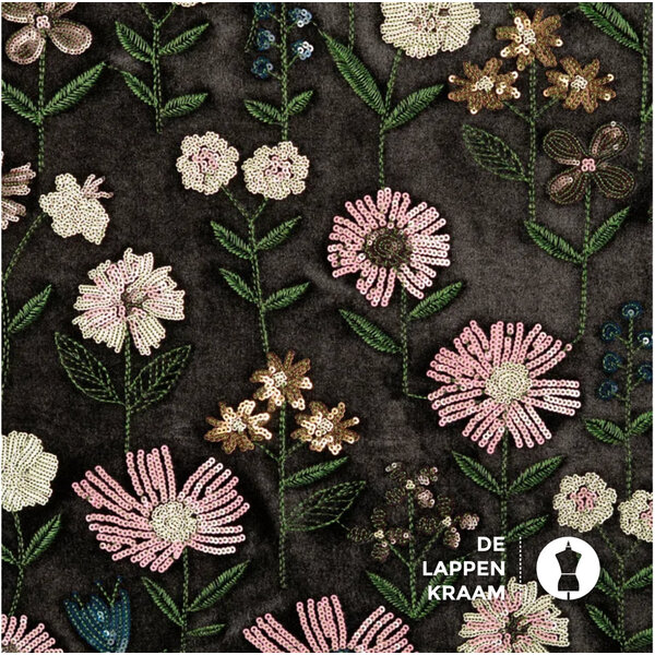 Zwart Velours Stof met Geborduurde Bloemen met Pailletten