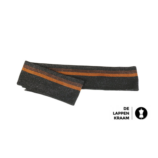 Fijn gebreid boord in lurex  zwart met bruine en caramel streep