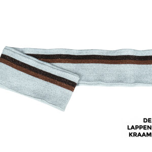  Fijn gebreid boord in lurex  zilvergrijs met bruine en caramel streep