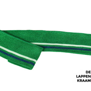 Fijn gebreid boord in groen lurex met witte streep en blauwe streep