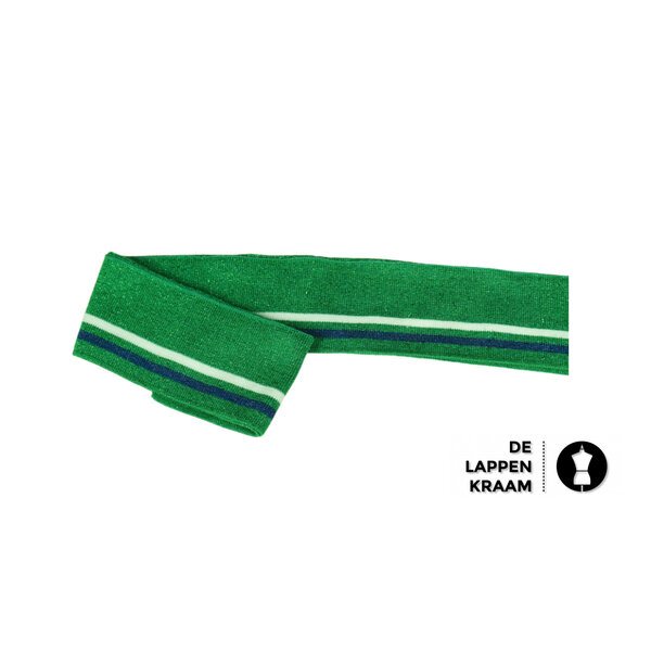 Fijn gebreid boord in groen lurex met witte streep en blauwe streep