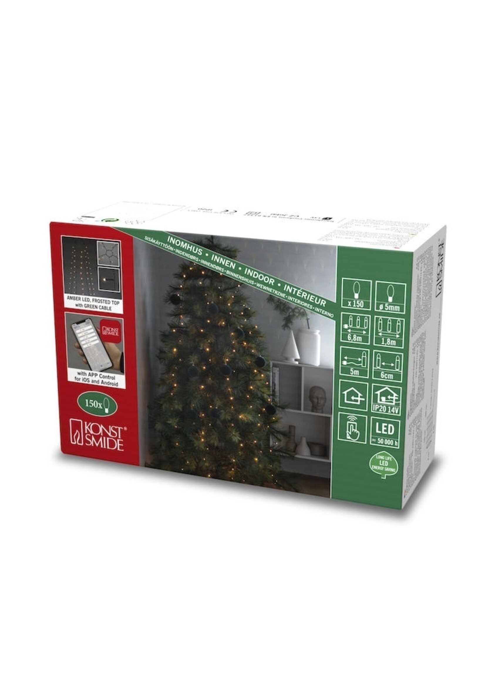 Konstsmide App gestuurde LED Lichtmantel voor kerstboom, 180cm 5 strengen van 30 extra warmwitte LED, met multifunctie