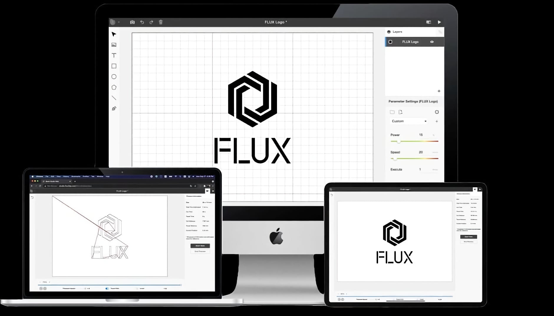 Beam Studio on all supported devices ready to engrave the FLUX logo