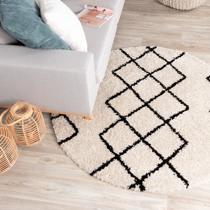 Teppich Hochflor Rund - Grand Diamond Creme Schwarz