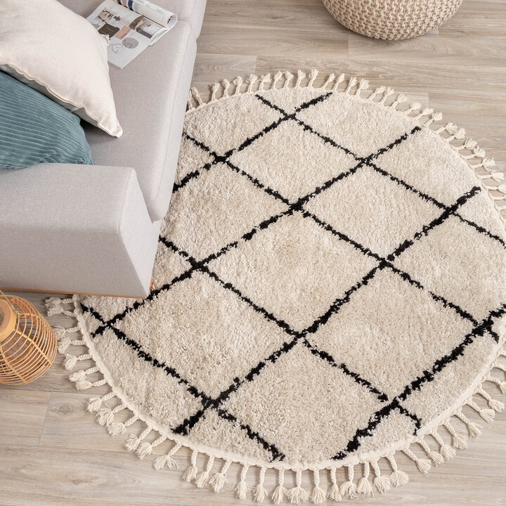 Teppich Hochflor Rund - Grand Lines Weave Creme Schwarz