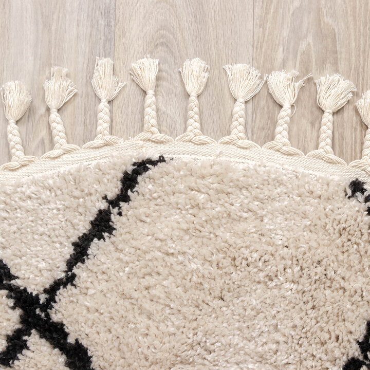 Teppich Hochflor Rund - Grand Lines Weave Creme Schwarz
