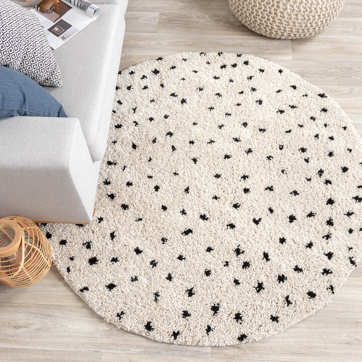 Teppich Hochflor Rund - Grand Dots Creme Schwarz