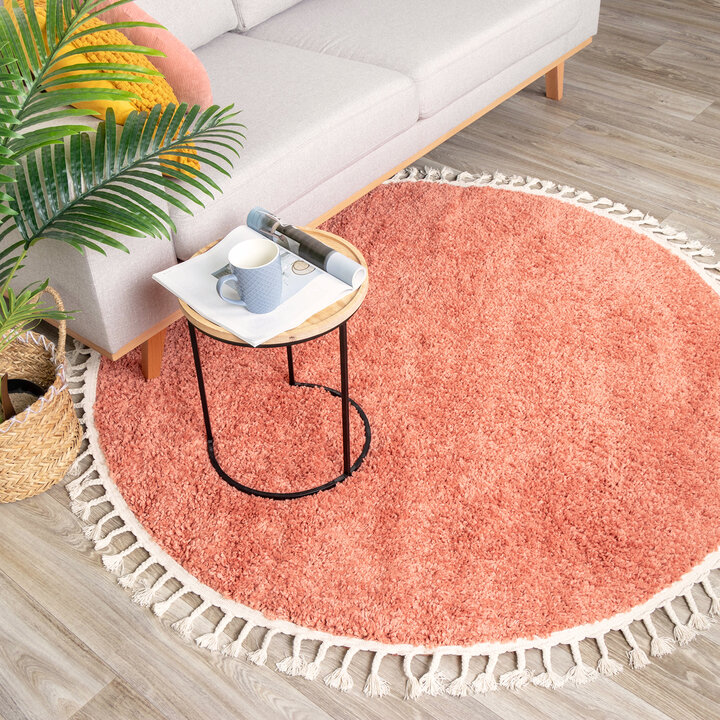 Teppich Hochflor Rund - Lofty Fringe Orange Rosa