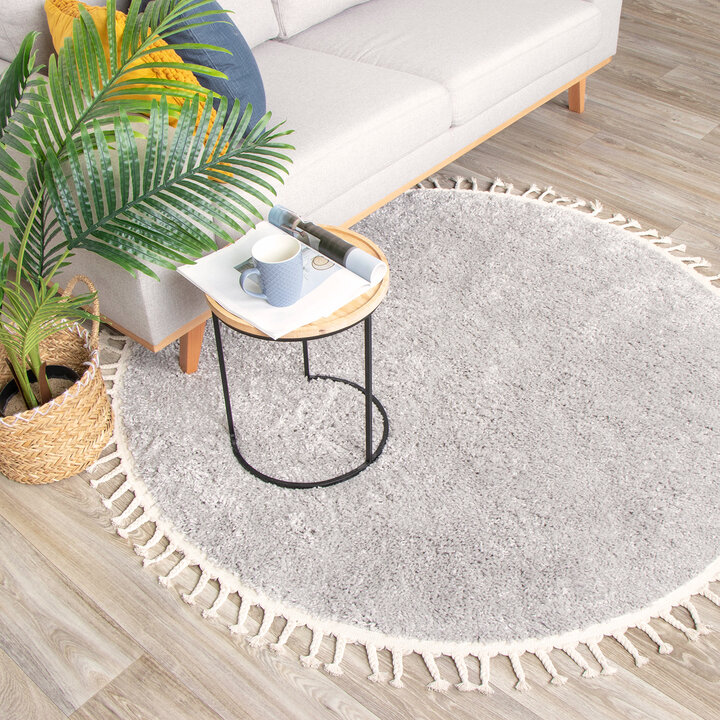 Teppich Hochflor Rund - Lofty Fringe Hellgrau