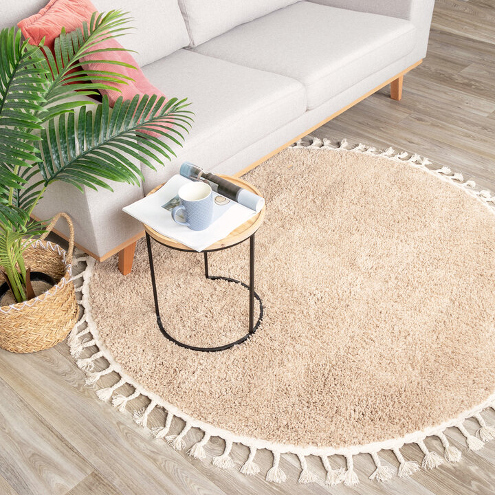 Teppich Hochflor Rund - Lofty Fringe Beige
