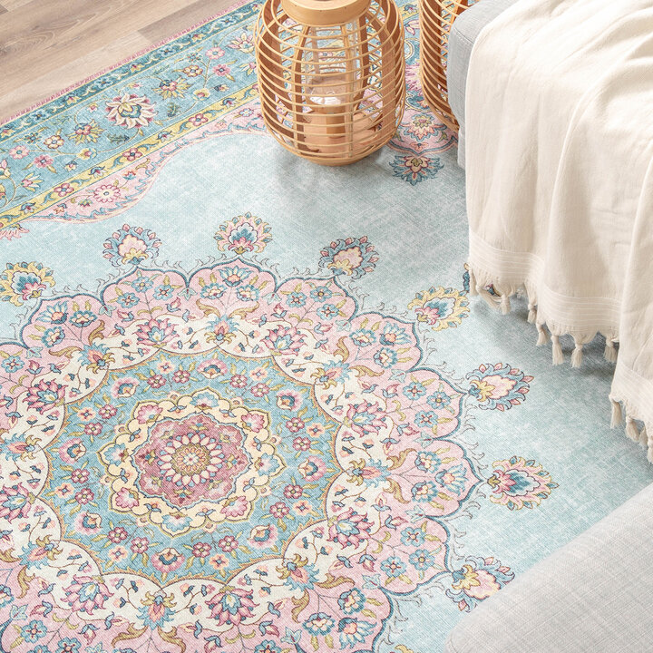 Teppich Vintage - Lily Medaillon Hellblau Türkis