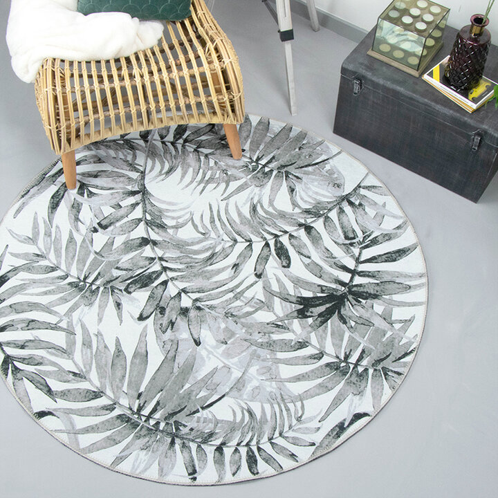 Boho Teppich Rund - Palmier Blätter Grau