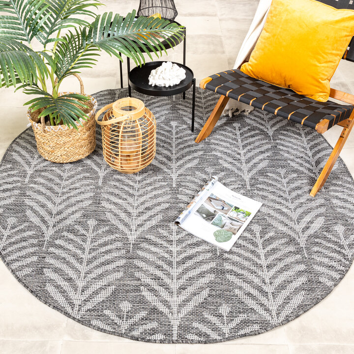 In- & Outdoor Teppich Rund - Summer Leaves Grau