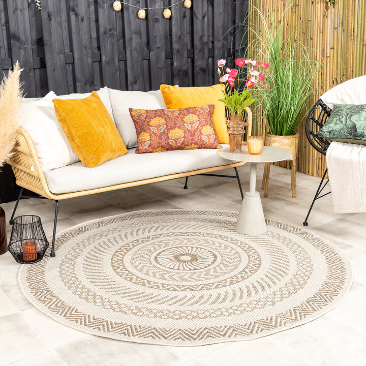 In- & Outdoor Jute Teppich Rund - Nomad Aztec Creme