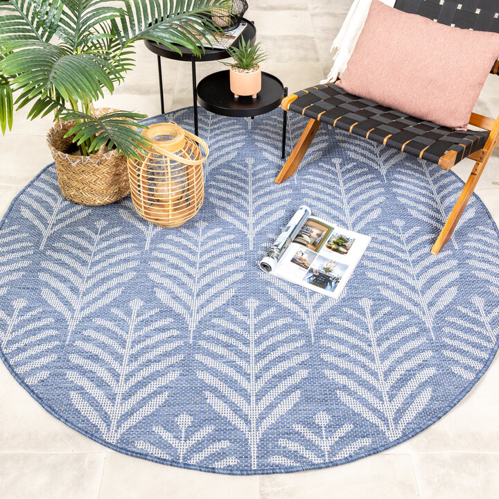 In- & Outdoor Teppich Rund - Summer Leaves Blau