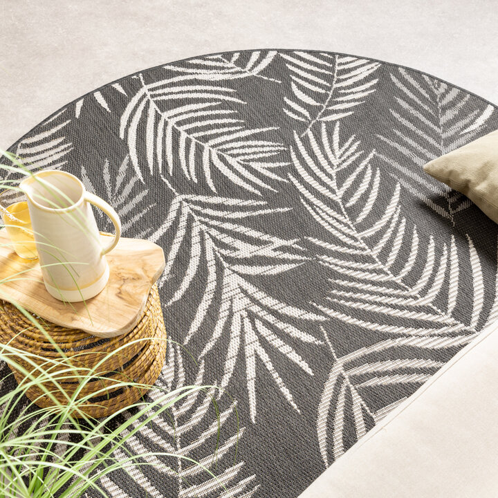 In- & Outdoor Teppich Rund - Malta Leaves Schwarz
