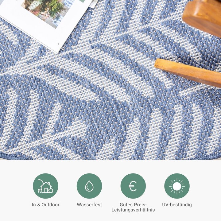 In- & Outdoor Teppich Rund - Summer Leaves Blau