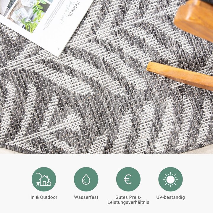 In- & Outdoor Teppich Rund - Summer Leaves Grau