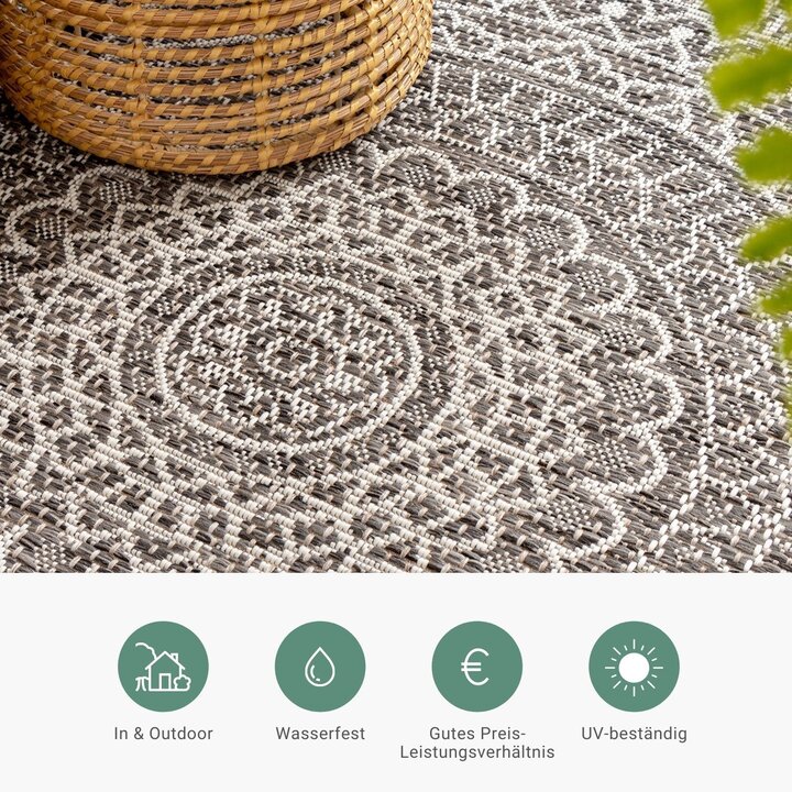 In- & Outdoor Teppich Rund - Summer Azteca Grau