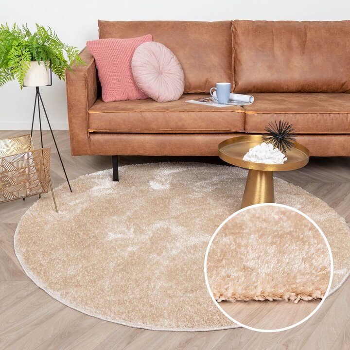 Hochflor Teppich Rund - Glazy Beige Creme